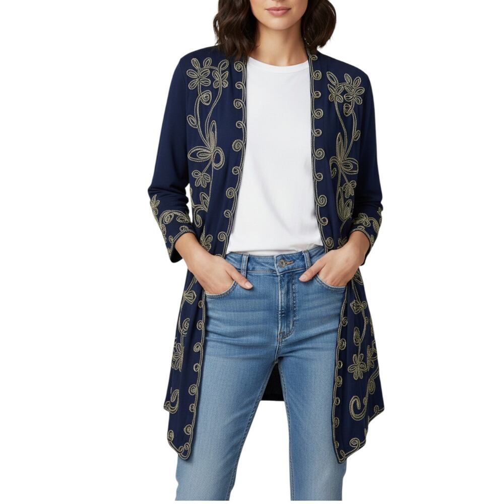 Objects D’Art Jacket Women MEDIUM Navy Blue Soutache Gold Trim Boho Cardigan